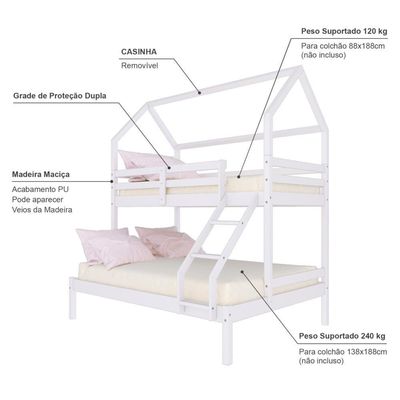 Beliche Casinha Casal/solteiro Slim Rb Madeira Maciça Branco Housin
