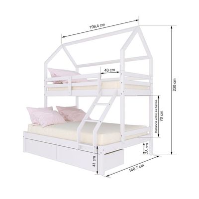 Beliche Casinha Casal/solteiro Slim Rb Com 02 Gavetas Madeira Maciça Branco Housin