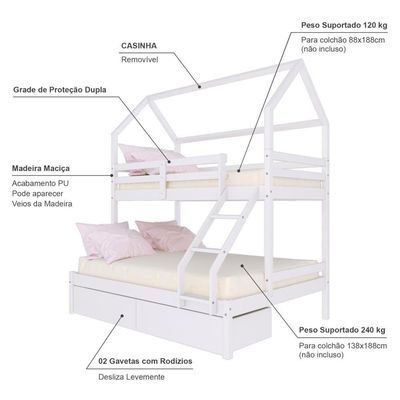 Beliche Casinha Casal/solteiro Slim Rb Com 02 Gavetas Madeira Maciça Branco Housin