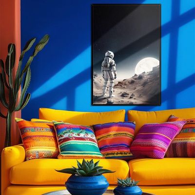 Quadro Decorativo Astronauta E Lua Moldura Cx Alta 100x66 Titulos Moldura Preta