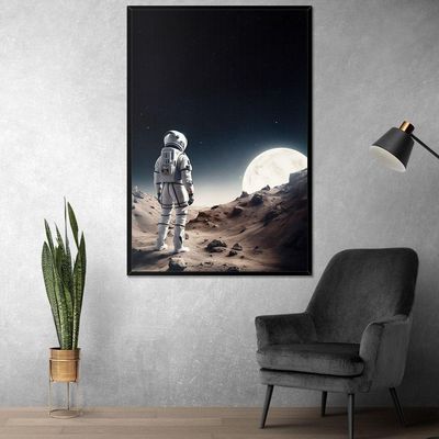 Quadro Decorativo Astronauta E Lua Moldura Cx Alta 100x66 Titulos Moldura Preta