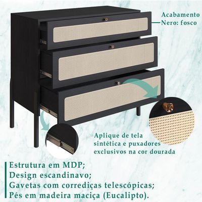 Comoda 3 Gv Corrediças Telescopicas Palhinha 27934 Linha Oslo Nero Artesano Nero