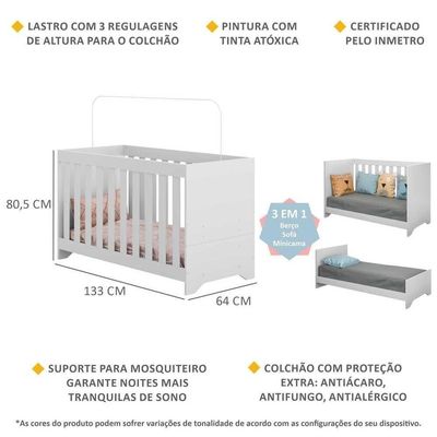 Berço 3 Em 1 Com Colchão Incluso Multimóveis Elza Fg2952 Branco