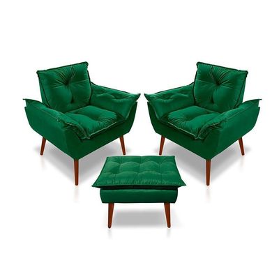 Kit C/2 Poltronas Opala + 01 Puff Opala Elegante Suede Verde