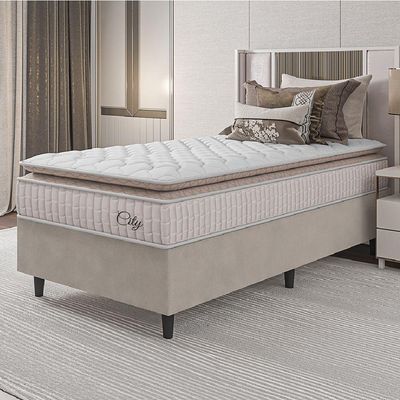 Cama Box Colchão Solteiro Molas Ensacadas City Pillow Top 88x61cm Branco/bege Hellen Branco/bg