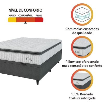 Cama Box Baú Colchão Casal Molas Ensacadas City Pillow Top 138x64cm Branco/preto Hellen Branco/pre