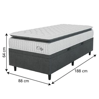 Cama Box Baú Colchão Solteiro Molas Ensacadas City Pillow Top 88x64cm Branco/preto Hellen Cinza
