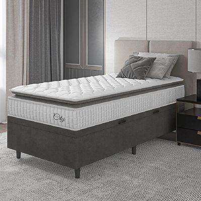 Cama Box Baú Colchão Solteiro Molas Ensacadas City Pillow Top 88x64cm Branco/preto Hellen Cinza
