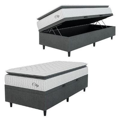 Cama Box Baú Colchão Solteiro Molas Ensacadas City Pillow Top 88x64cm Branco/preto Hellen Cinza