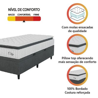 Cama Box Baú Colchão Solteiro Molas Ensacadas City Pillow Top 88x64cm Branco/preto Hellen Cinza