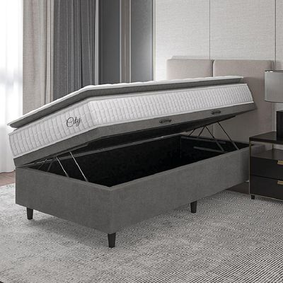 Cama Box Baú Colchão Solteiro Molas Ensacadas City Pillow Top 88x64cm Branco/preto Hellen Cinza