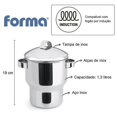 Cuscuzeira Panela Para Cuscuz De Aço Inox 1,3 Litros Funciona Em Fogão De Indução Fervedor Com Alças