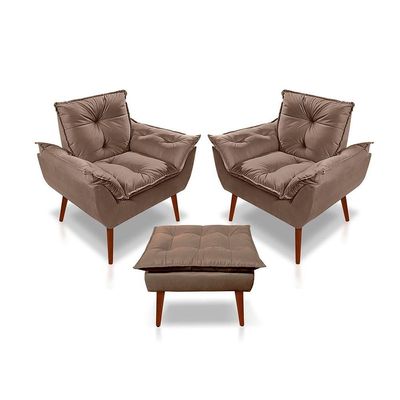Kit C-2 Poltronas Opala + 01 Puff Opala Elegante Suede Cappuccino