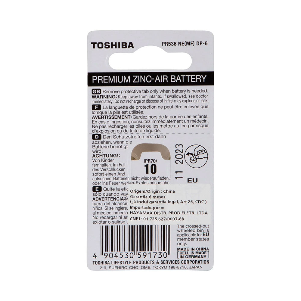 Cartela C/ 6 Unidades de Pilha Auditiva Toshiba PR536 - AC2520