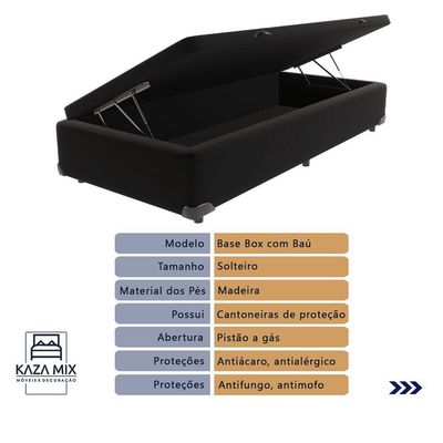 Cama + Box Com Bau Solteiro Colchão Extra Firme Airtech Ortobom D45 Cor:preto