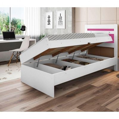 Cama Baú Solteiro Larissa Branco E Rosa