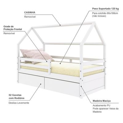 Cama Casinha Slim Rb Com 02 Gavetas E Grade De Proteção Branco Housin