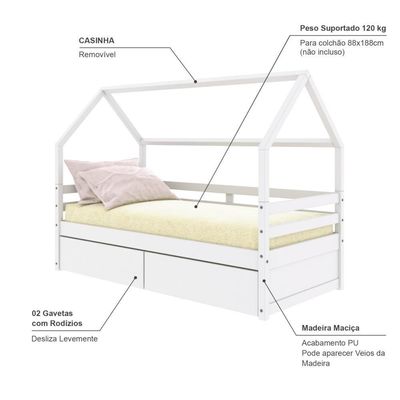 Cama Casinha Slim Rb Com 02 Gavetas Branco Housin