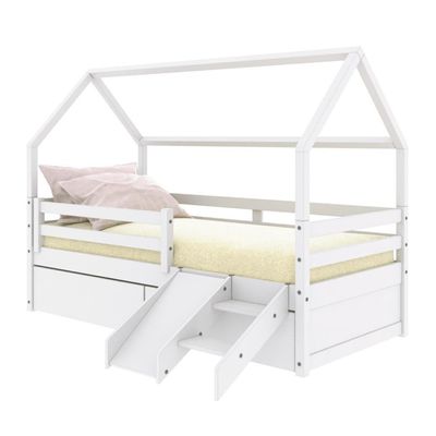 Cama Casinha Slim Rb Com Kit Escada-escorregador 02 Gavetas E Grade De Proteção Branco Housin