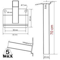 05 Suportes Refletor Base Inclinada Braço 70 Cm 05 Cj - Preto