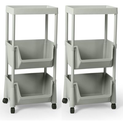 Kit 2 Carrinho Multiuso Prático 3 Prateleiras Em Plástico Com Rodízio - Cinza
