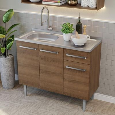 Armário De Cozinha Compacta 105cm Com Pia Rustic-cinza Emilly Madesa 04 Rustic-cinza