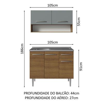 Armário De Cozinha Compacta 105cm Com Pia Rustic-cinza Emilly Madesa 04 Rustic-cinza