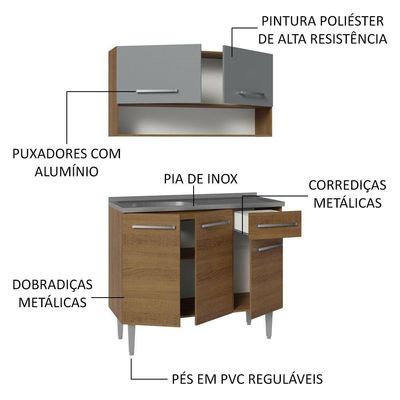 Armário De Cozinha Compacta 105cm Com Pia Rustic-cinza Emilly Madesa 04 Rustic-cinza