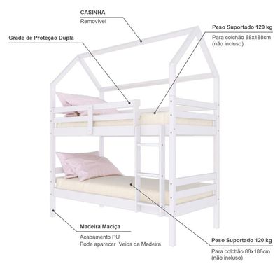 Beliche Casinha Solteiro Slim Rb Madeira Maciça Branco Housin