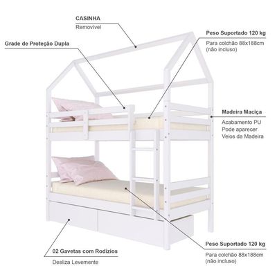 Beliche Casinha Solteiro Slim Rb Com 02 Gavetas Madeira Maciça Branco Housin