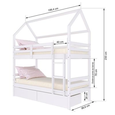Beliche Casinha Solteiro Slim Rb Com 02 Gavetas Madeira Maciça Branco Housin