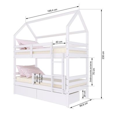 Beliche Casinha Solteiro Slim Rb Com 02 Gavetas E Grade De Proteção Madeira Maciça Branco Housin