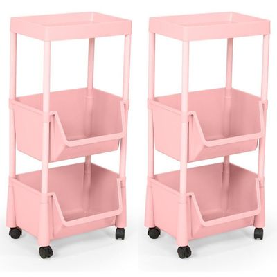 Kit 2 Carrinho Multiuso Prático 3 Prateleiras Em Plástico Com Rodízio - Rosa