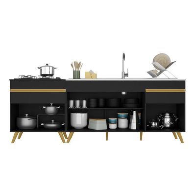 Kit 2 Balcões Gabinete Pia 150 Cm E Cooktop 70 Cm Preto