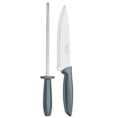 Conjunto Faca Chef e Chaira Tramontina Plenus Cinza - 2 Peças