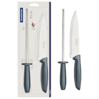 Conjunto Faca Chef e Chaira Tramontina Plenus Cinza - 2 Peças