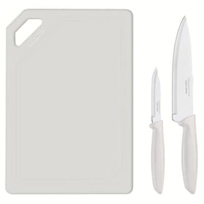 Conjunto de Facas e Tábua de Corte Tramontina Plenus em Aço Inoxidável - Off-White - 3 Peças