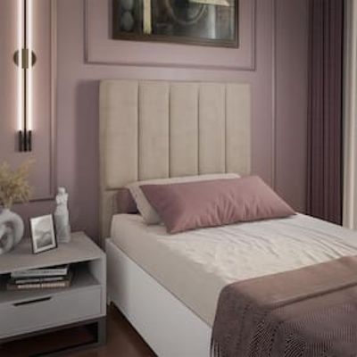 Cabeceira para Cama Box Solteiro Dobuê Veneza com Revestimento em Veludo Bege
