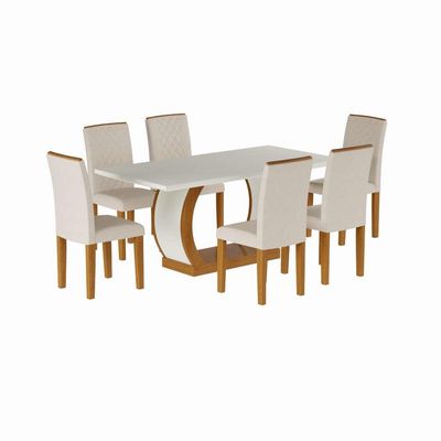 Conjunto de Mesa de Jantar com 6 Cadeiras Estofadas Emily I Veludo Off White e Creme