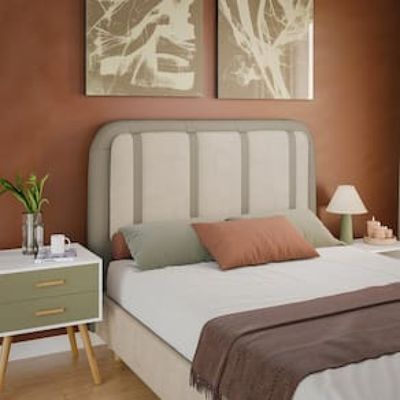 Cabeceira para Cama Box Casal Dobuê Leon com Revestimento em Veludo e Corino Bege Médio