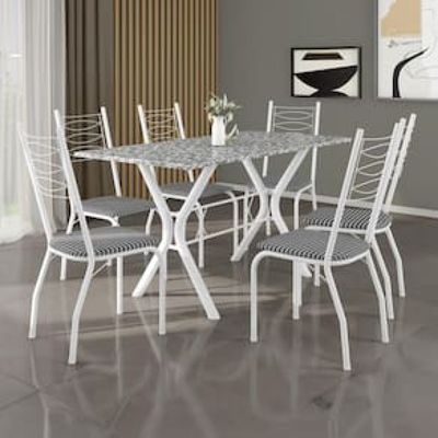 Mesa de Jantar Retangular Fabone Miami com 6 Cadeiras Estofadas Branco