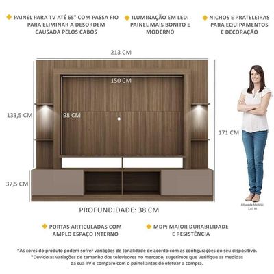 Rack Estante Tv 65´´ Leds Madeirado/Laca Fumê