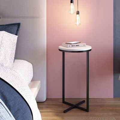 Mesa Lateral Alta Volpi Branco Base Metálica Industrial 56cm