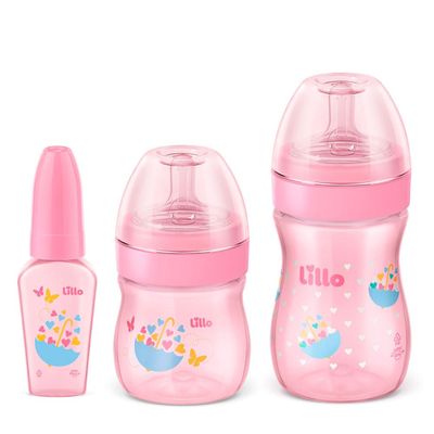 Kit com 3 Mamadeiras Primeiros Passos Lillo Rosa