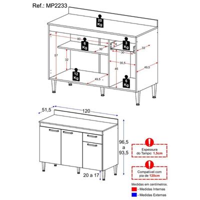 Balcão De Cozinha 120cm Gabinete Para Pia Paris Multimóveis Mp2233 Rustic-branco Rustic-branco