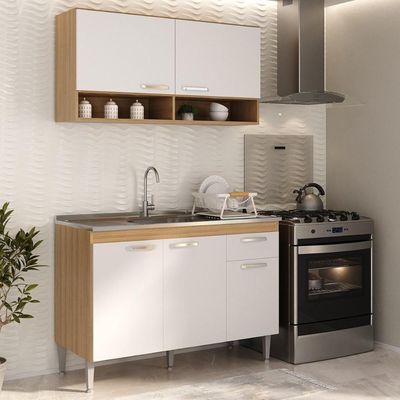 Cozinha Compacta 120cm Com Armário E Balcão Para Pia Paris Multimóveis Rustic-branco Rustic-branco