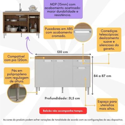 Balcão De Cozinha Gabinete Para Pia 120cm Paris Multimóveis Mp2215 Rustic-branco Rustic-branco
