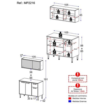 Armário De Cozinha Com Balcão Para Pia Siena Multimóveis Mp2216 Branco-lacca Fumê Branco-lacca Fumê