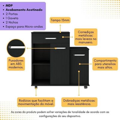 Armário De Cozinha Balcão Multiuso Para Microondas Multimóveis Mp2189 Preto Preto