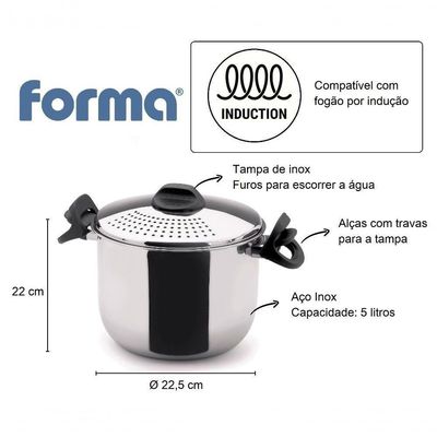 Espagueteira De Aço Inox Panela Para Massa 5 Litros Escorredor Funciona Em Fogão De Indução Macarrão